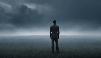 Obraz premium Contemplative businessman facing uncertainty open field digital artwork moody atmosphere