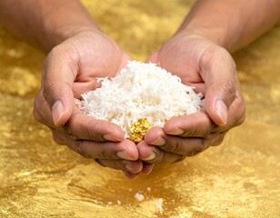 Precious Grains in Human Hands Symbolizing Wealth and Harvest