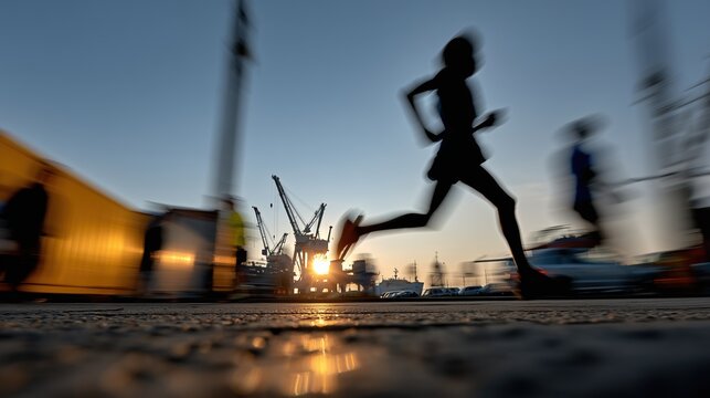 Silhouette de coureur en mouvement sur quai portuaire au coucher soleil