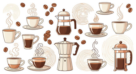 Artisan coffee shop line-art illustrations. Stylized espresso cups, coffee beans, coffee makers, and steam swirls in a warm, inviting palette of coffee brown, cream, and copper
