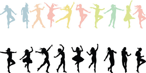 Colorful and black female dance silhouettes in dynamic poses, showcasing movement, energy, and artistic expression for creative design and illustration projects