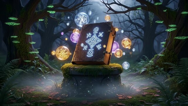 A mystical book with glowing runes rests on a mossy pedestal in a magical forest