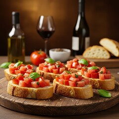 Classic tomato bruschetta on toasted bread with fresh basil, paired with red wine, rustic Italian appetizer perfect for dinner parties, wine tastings, or Mediterranean menus