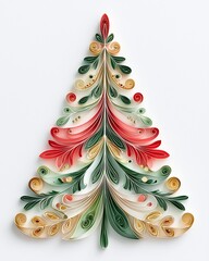 Elegant Christmas quilling with minimalist paper quilling christmas tree , geometric paper quilling in red green gold ,modern holiday paper quilling wall art on white background in Christmas theme