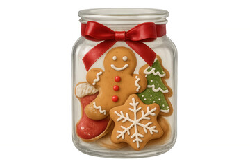Christmas gingerbread cookies and festive holiday shapes in glass jar with red ribbon, transparent background