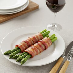 Bacon-wrapped asparagus spears on white plate with glass of red wine, elegant dinner side dish for gourmet meals, fine dining visuals, or holiday table settings
