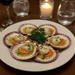 Seared scallops in shells with herb butter sauce and parsley garnish on white plate, romantic candlelit dining setup, ideal for seafood menus, fine dining, or elegant dinner content