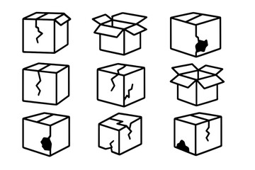 Broken box line icon set. Damaged package, open carton, fragile cargo symbols. Vector outline signs for logistics, delivery service, ecommerce return, and shipping problems.