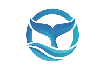 A stylized blue whale tail emerges from ocean waves inside a circular frame.