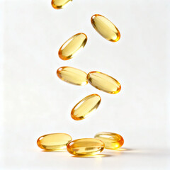 Golden Softgel DHA Algal Oil Supplement Capsules on White Background