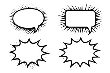 Set of comic speech bubbles. Pop art graphic elements. Empty dialogue balloons for superhero comics. Explosion shapes with radial rays and halftone texture. Vector illustration.