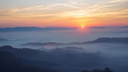 Obraz premium Serene mountain landscape with mist, sunrise and soft pastel colors