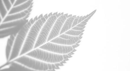 Two faint leaves one more in focus show detailed veins against a bright white background