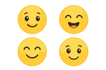 Set of cute smiling emoticons. Happy emoji face icon collection. Vector illustration of cheerful cartoon characters with different positive expressions. Yellow smileys pack design.