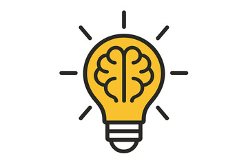 Vector icon of a brain in a light bulb. Metaphor for bright idea, creativity, innovation, brainstorming, intelligence, and inspiration. Concept for creative thinking and solution.