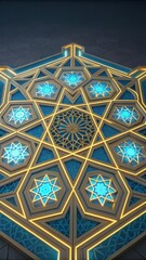 Intricate geometric pattern of glowing blue and gold stars and hexagons on a dark background
