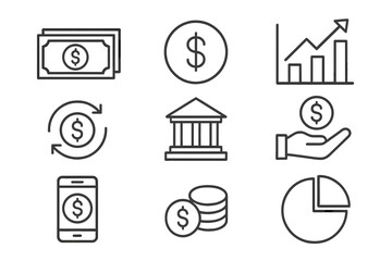 Business and finance line icon set. Money, banking, investment, and payment symbols. Vector icons for web, infographic. Dollar, chart, bank, transfer, mobile payment.