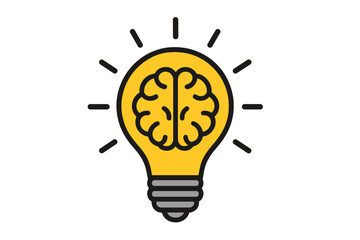 Bright idea icon with a brain inside a light bulb. Concept for creativity, innovation, brainstorming, and intelligence. Metaphor for knowledge, solution, and discovery vector.