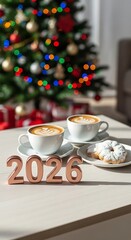 Fototapeta premium Christmas Tree and Coffee with 2026 Numbers holiday