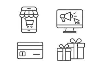 E-commerce icons for online shopping. Mobile store, digital marketing, payment. Vector line symbols for web and app. Credit card, gift, cart, purchase. Online business.