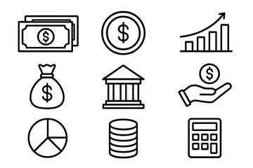 Business and finance line icon set. Banking, investment, currency, savings, profit, growth chart, accounting, calculator, and payment concepts. Vector dollar symbols for web.