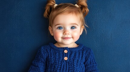 A young child, likely a toddler, smiles at the camera. She has red hair in pigtails and wears a blue knit sweater. She poses against a solid blue backdrop