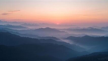 Serene mountain landscape with mist, sunrise and soft pastel colors