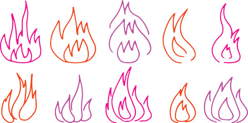 Set of burning fire and flames, drawn with pink, red, purple curved lines in grunge style