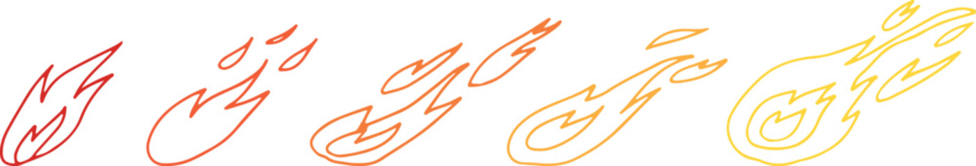 Set of depicting falling fire and intense flames, drawn with red, orange, and yellow curved lines in grunge style
