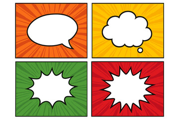 Comic speech bubbles set on pop art radial rays background. Vector collection of empty talk, thought, and explosion bubbles. Superhero comic book page layout element.