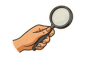 Hand holding magnifying glass. Concept of search, research, investigation, analysis, discovery, and finding. Vintage retro cartoon sticker illustration with halftone pop art effect.
