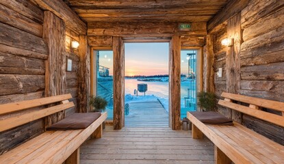 Fototapeta premium A cozy wooden sauna interior with panoramic views of a winter landscape.