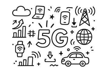 Doodle 5G technology icon set. Vector concept of high-speed mobile internet, wireless network, communication. Global connection, IoT, smart devices, cloud data, cellular tower.