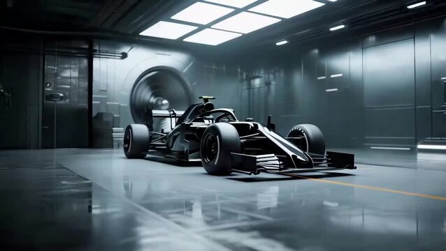 Black Formula 1 car undergoing wind tunnel aerodynamic analysis
