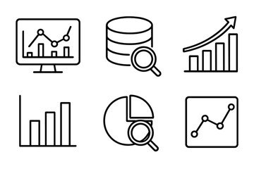 Data analysis line icon set. Vector symbols for big data analytics, business intelligence, and statistics. Includes graph, chart, growth arrow, database search, and research icons.