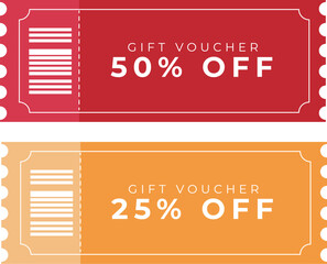Gift Voucher Discount Tickets Set — 50% and 25% Off Coupons in Red and Orange