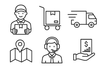 Delivery and logistics icon set in thin line style. Courier, express shipping, order tracking, customer support and payment symbols. E-commerce business vector icons.