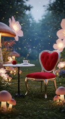 Enchanted Garden Tea Setting with Heart Chair and Glowing Mushrooms