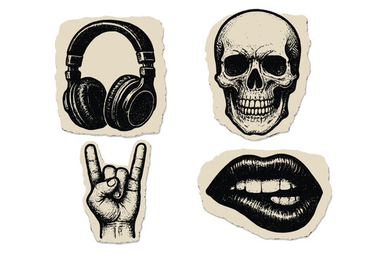 Hard rock grunge music sticker set. Halftone vector elements on ripped paper. Skull, headphones, devil horns hand sign, and biting mouth for punk and metal concert posters.