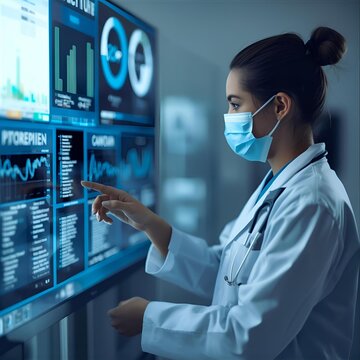 Doctor using online medical record system to check and update patient data. Smart healthcare concept for assessing treatment quality, patient care and hospital service evaluation