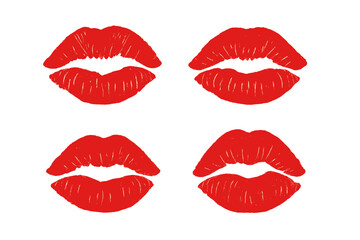 Obraz premium Red lipstick kiss imprints set. Vector lips female makeup mark. Girl's mouth cartoon illustration. Love and passion symbol. Valentines day romantic cosmetic print collection.