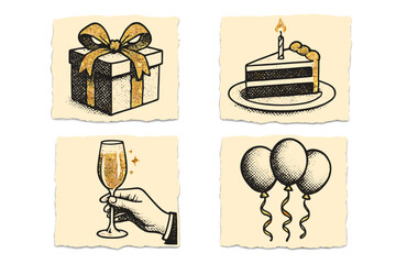 Retro birthday set. Vintage halftone collage. Gift box, cake, champagne toast, balloons with golden glitter. Hand drawn pop art elements on torn paper for elegant cards.