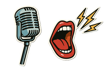 Retro music sticker set. Vintage microphone, shouting mouth, lightning bolts. Pop art vector illustration. Concept for concert, karaoke, podcast, broadcast, rock and roll, protest.