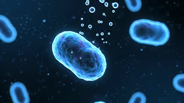 Microscopic 3D animation of luminous blue cells and bubbles floating in dark space