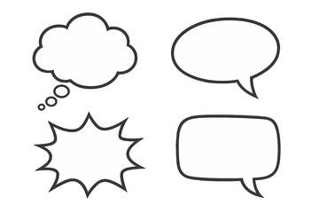 Speech bubbles vector set. Comic dialogue balloons. Chat box, message frame, thought cloud collection. Pop art communication icon. Talk, shout, think symbol. Doodle outline.