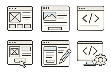 Web design icon collection. Doodle vector set of wireframes, user interfaces, web development, landing pages, coding. UI UX prototype, frontend, backend programming symbols.