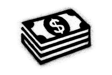 Money stack icon with dollar sign. Spray paint graffiti stencil style. Grunge halftone texture. Financial concept of wealth, cash, profit, and savings. Vector illustration.