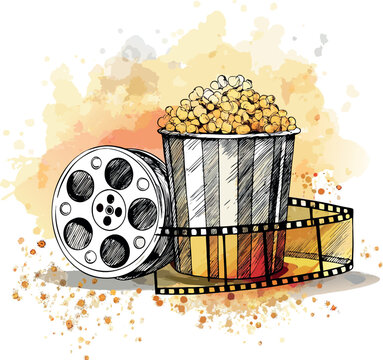 Lights, Camera, Popcorn: A cinematic still life of film reel and popcorn, rendered in a striking illustration with watercolor touches. A perfect blend of art and entertainment.