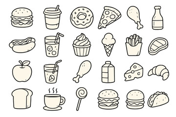 Big set of food and drink doodle icons. Hand-drawn cartoon vector illustrations. Fast food, sweets, and meal elements. Burger, pizza, soda, and more for menu design.