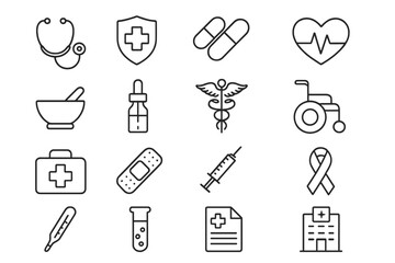 Medical and health care icon set in thin line style. Vector symbols for web design, infographic. Medicine, pharmacy, hospital, emergency aid, science and treatment signs.